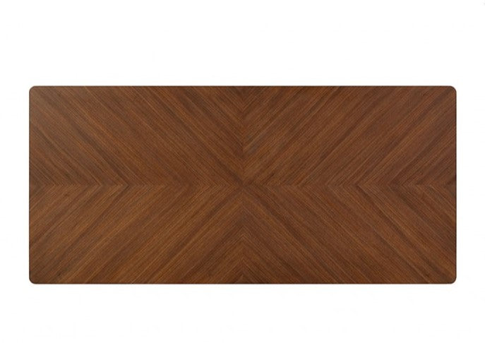 Hermin Modern Walnut Dining Table Dining room with wooden table and chairs in a well-lit room.