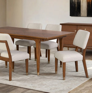 Hermin Modern Walnut Dining Table Dining room with wooden table and chairs in a well-lit room.