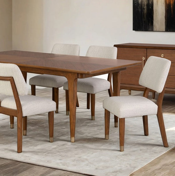 Hermin Modern Walnut Dining Table Dining room with wooden table and chairs in a well-lit room.