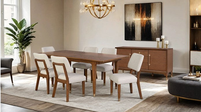 Hermin Modern Walnut Server Wooden sideboard with decorative items in a room with a painting on the wall.