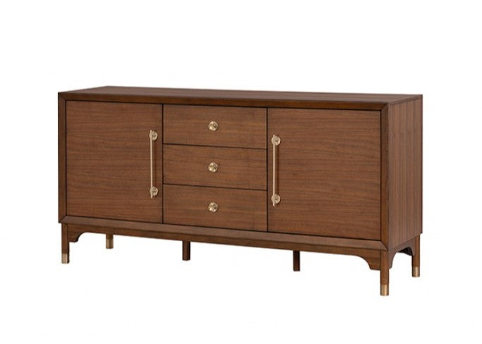 Hermin Modern Walnut Server Wooden sideboard with decorative items in a room with a painting on the wall.