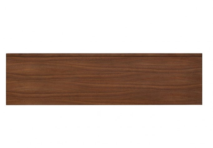 Hermin Modern Walnut Server Wooden sideboard with decorative items in a room with a painting on the wall.