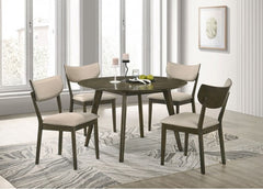 Huehi Dark Walnut Dining 48" Round Table Dining room set with a table and four chairs in a well-lit room.