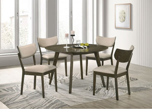 Huehi Dark Walnut Dining 48" Round Table Dining room set with a table and four chairs in a well-lit room.