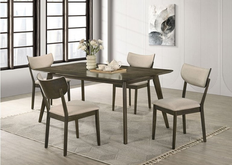 Huehi Dark Walnut Dining Table Dining room set with a table and four chairs in a modern interior.