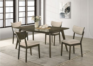 Huehi Dark Walnut Dining Table Dining room set with a table and four chairs in a modern interior.