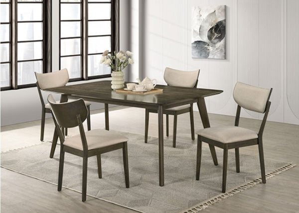 Huehi Dark Walnut Dining Table Dining room set with a table and four chairs in a modern interior.