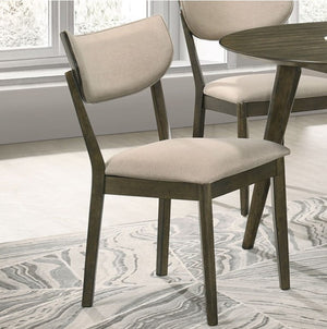 Huehi Dark Walnut Dining Upholstered Chair Dining chairs with beige cushions on a marble floor.