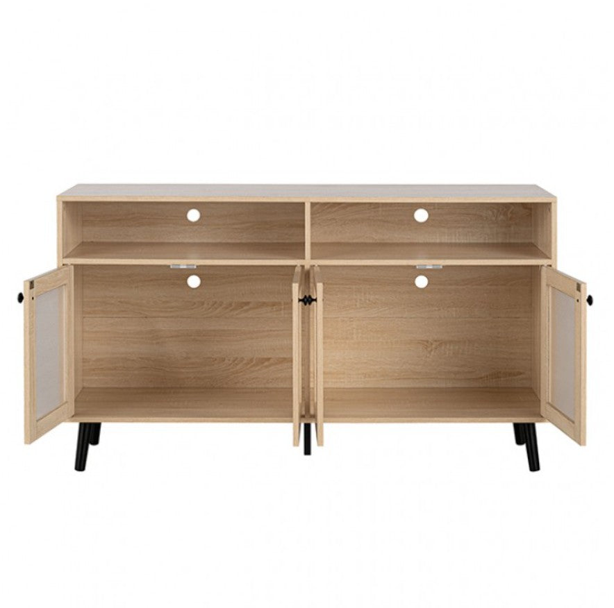 Idahos Mid Century Modern Natural TV Stand Wooden entertainment console with glass doors in a living room setting.