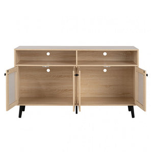 Idahos Mid Century Modern Natural TV Stand Wooden entertainment console with open doors on a white background