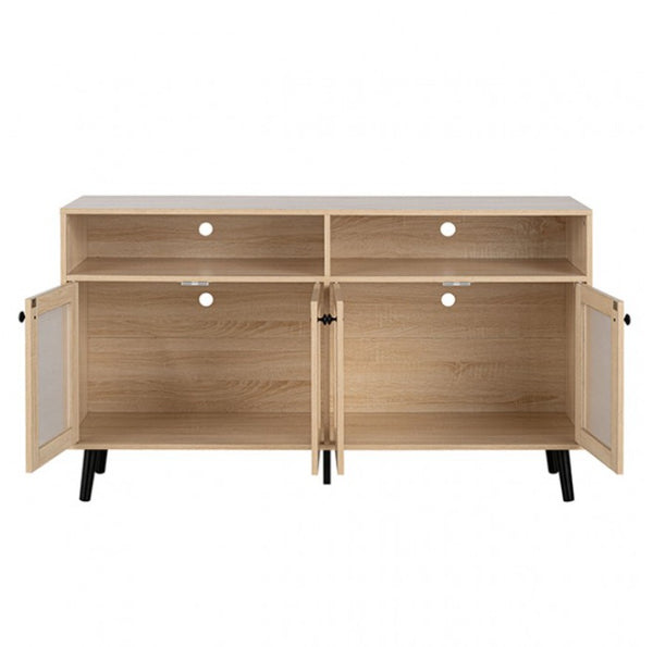 Idahos Mid Century Modern Natural TV Stand Wooden entertainment console with open doors on a white background