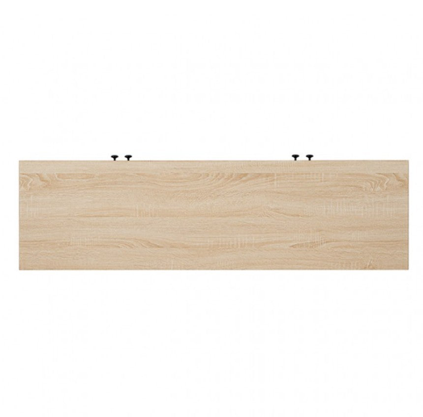 Idahos Mid Century Modern Natural TV Stand Wooden entertainment console with glass doors in a living room setting.