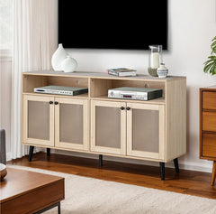 Idahos Mid Century Modern Natural TV Stand Wooden entertainment console with glass doors in a living room setting.
