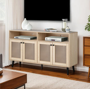 Idahos Mid Century Modern Natural TV Stand Wooden entertainment console with glass doors in a living room setting.