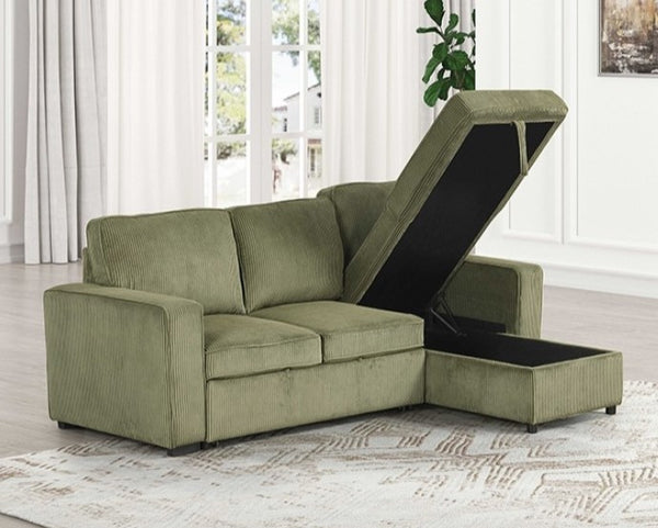 Inessa Contemporary Green Pull Out Sleeper Sectional Sofa Storage