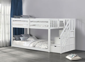 JayJay Solid Pine Storage Slat Design White Bunkbed White bunk bed with staircase in a room setting