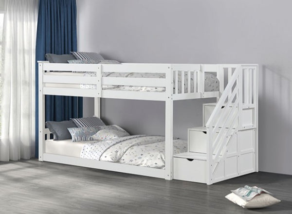 JayJay Solid Pine Storage Slat Design White Bunkbed White bunk bed with staircase in a room setting