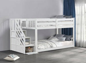 JayJay Solid Pine Storage Slat Design White Bunkbed White bunk bed with staircase in a room with gray walls and wooden floor.