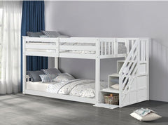 JayJay Solid Pine Storage Slat Design White Bunkbed White bunk bed with a staircase in a room with curtains and pillows.