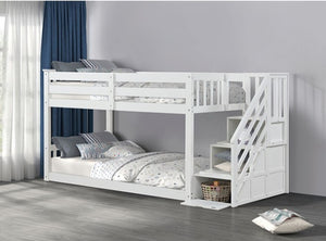 JayJay Solid Pine Storage Slat Design White Bunkbed White bunk bed with a staircase in a room with curtains and pillows.