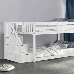 JayJay Solid Pine Storage Slat Design White Bunkbed White bunk bed with staircase in a bedroom setting