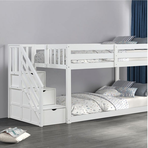 JayJay Solid Pine Storage Slat Design White Bunkbed White bunk bed with staircase in a bedroom setting