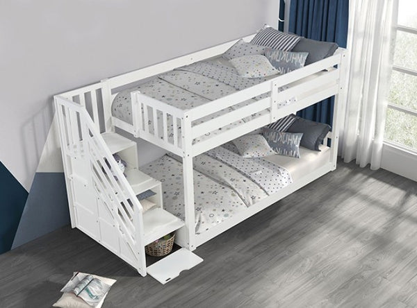 JayJay Solid Pine Storage Slat Design White Bunkbed White bunk bed with stairs in a room with a window and curtains.