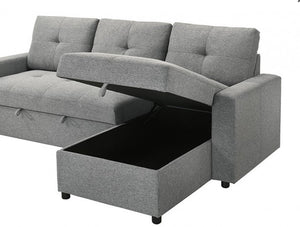 Johny Pullout Sectional Sofa Gray Gray sectional sofa with storage ottoman on a white background