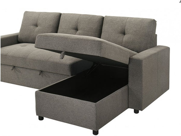 Johny Pullout Sectional Sofa Gray sectional sofa with storage compartment on a white background