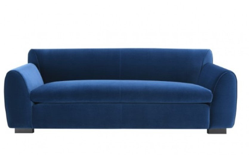 Karl Royal Blue Contemporary Chenille Fabric Sofa Blue sofa in a living room with a rug and wall art