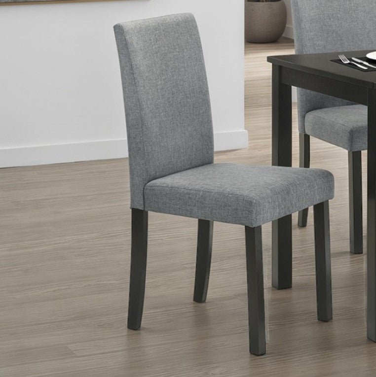 Kelsh High Back Espresso Upholstered Dining Chair Gray upholstered chair on a wooden floor with a dining table in the background.