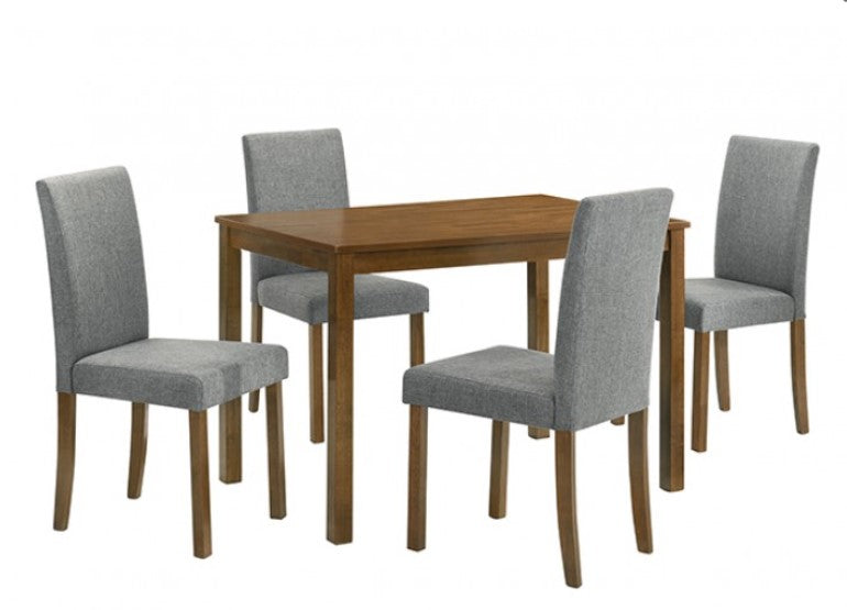 Kelsh High Back Oak Gray Upholstered Dining Chair Gray upholstered chairs with wooden legs in front of a wooden table on a light gray floor.