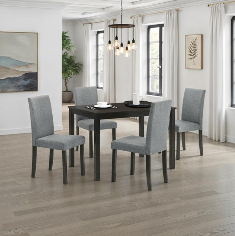Kelsh Straight Leg Espresso 44 Dining Table Dining room with a black table and gray chairs in a well-lit room.