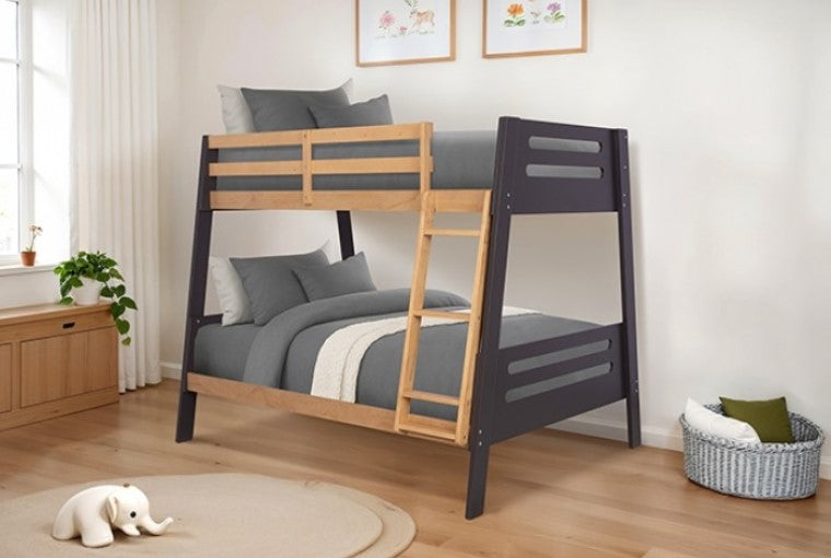 Kerran Bunkbed Two Tone Angled Twin Full Bunk bed with wooden ladder in a bedroom setting