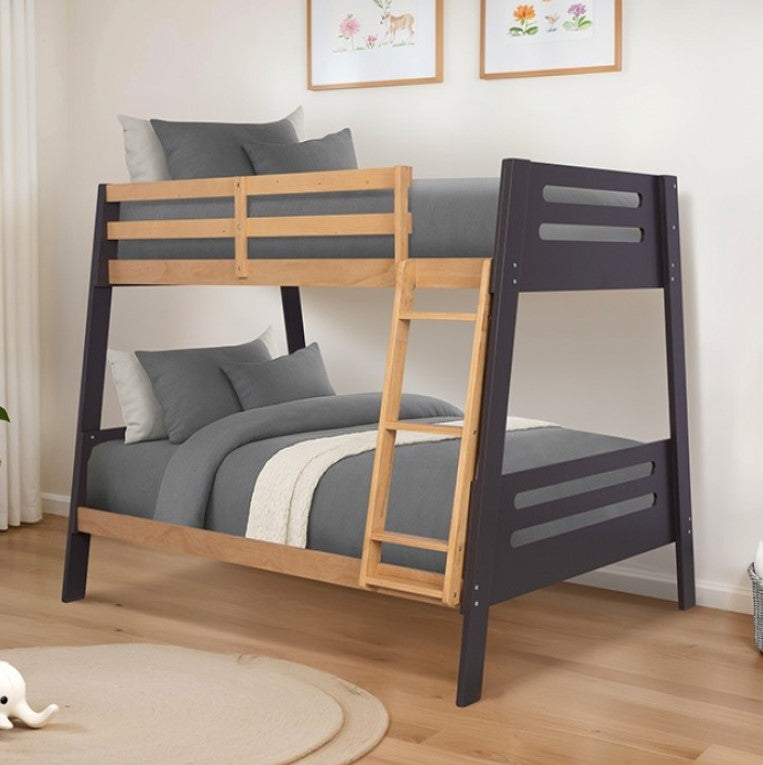 Kerran Bunkbed Two Tone Angled Twin Full Bunk bed with wooden ladder in a bedroom setting