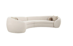 Kilmer Off White Fabric Curved Modern Sectional Sofa A modern curved upholstered sofa in a light cream or off-white fabric, featuring rounded tubular arms and two matching throw pillows, shown against a plain white background.