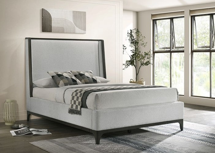 Kladirmen Wingback Panel Fabric Upholstered Bed Gray upholstered bed with checkered blanket and pillows in a bedroom setting.