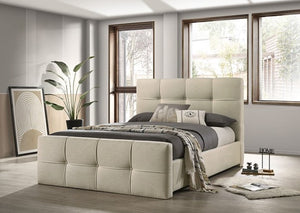 Koall Ivory Fabric Biscuit Button Tufting Bed Beige upholstered bed in a room with large windows and decor elements.