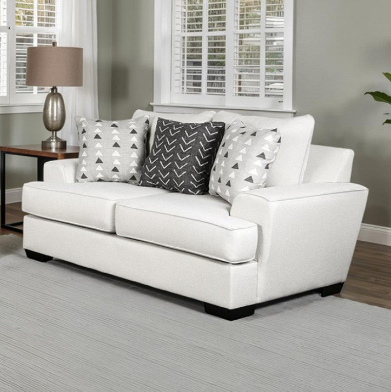 Kriska Light Gray Fabric Loveseat with Pillows White sofa with patterned cushions in a living room setting