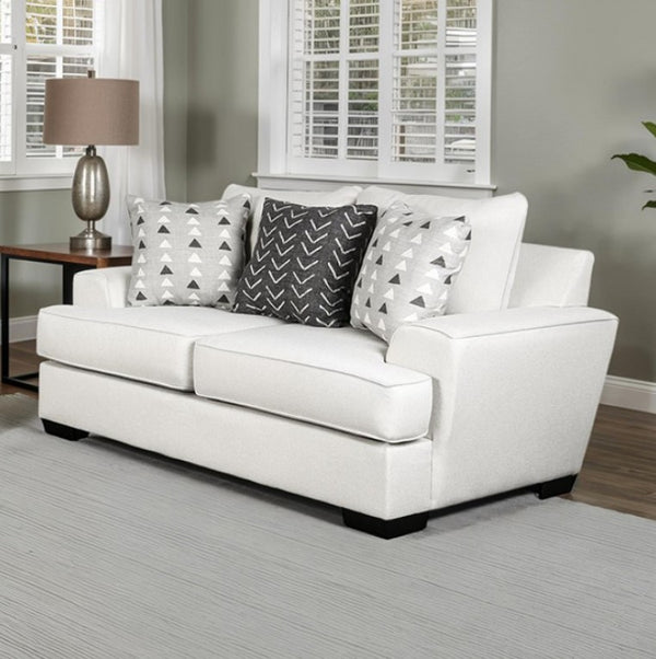 Kriska Light Gray Fabric Loveseat with Pillows White sofa with patterned cushions in a living room setting