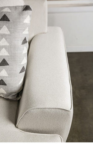 Kriska Light Gray Fabric Sofa with Pillows Gray sofa with a patterned pillow on a neutral background