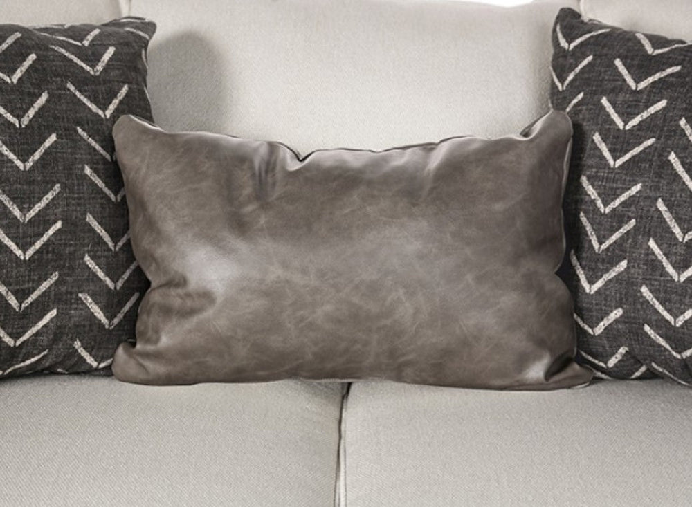 Kriska Light Gray Fabric Loveseat with Pillows White sofa with patterned cushions in a living room setting