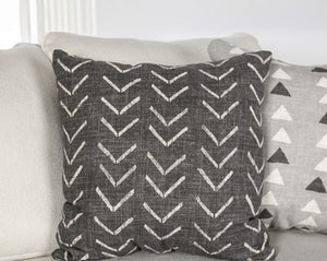 Kriska Light Gray Fabric Sofa with Pillows Gray pillow with white zigzag pattern on a light gray couch