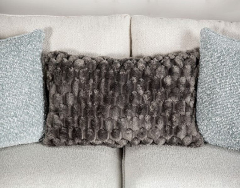 Kumar Rolled Arm White Fabric Loveseat White sofa with patterned cushions in a living room setting