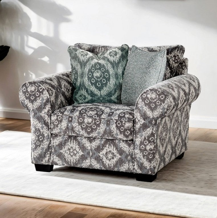Kumar Rolled Arm White Gray Fabric Accent Chair Patterned armchair with decorative cushions on a wooden floor.