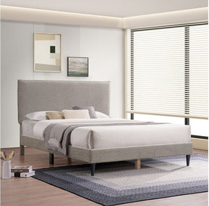 Larisa Boucle Light Brown Fully Upholstered Bed Modern bedroom with a gray upholstered bed, white bedding, and a large window.