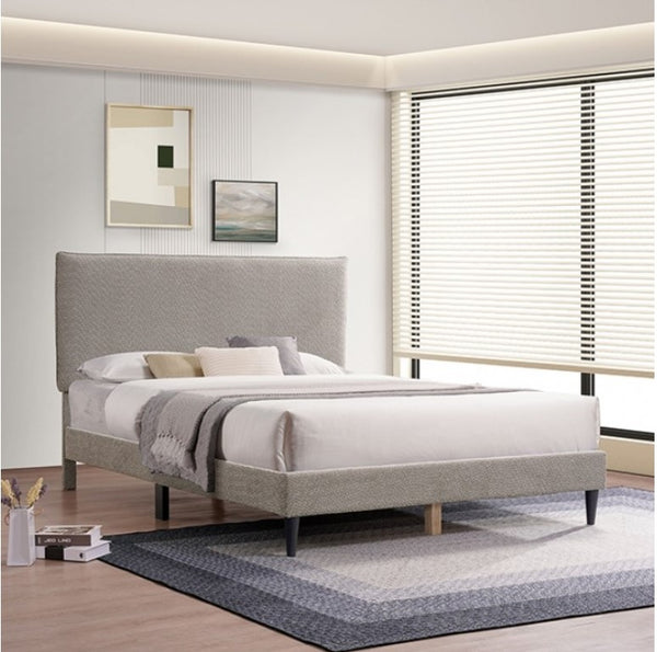 Larisa Boucle Light Brown Fully Upholstered Bed Modern bedroom with a gray upholstered bed, white bedding, and a large window.