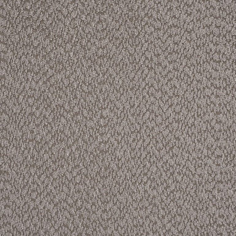 Larisa Boucle Light Brown Fully Upholstered Bed Modern bedroom with a gray upholstered bed, white bedding, and a large window.
