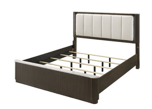 Laura Bed Leatherette Channel LED Headboard Bed frame with a brown and white color scheme on a white background