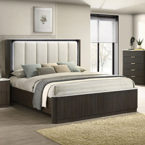 Laura Bed Leatherette Channel LED Headboard Modern bedroom with a large bed, nightstands, and a dresser.